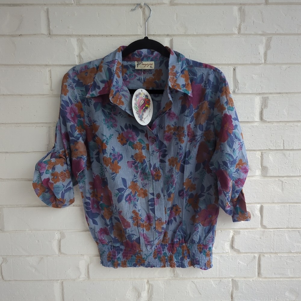 Magazine Floral Boho Buttondown Elastic Trim Top Lightweight Size XL